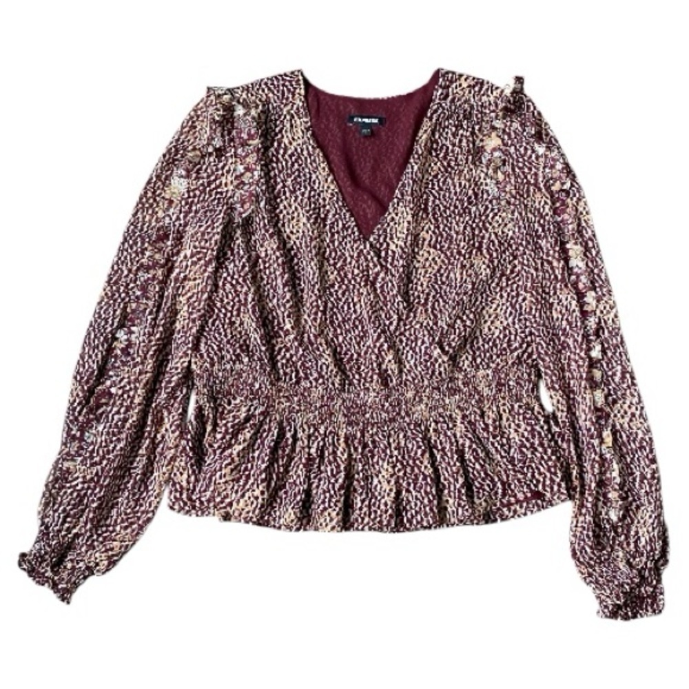 EXPRESS Women's Size L Smocked Blouse Burgundy Ruffle V-Neck - Picture 3 of 11